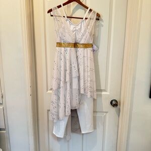 White and Gold Layered Modern Dance Dress with pant/costume with Sequins